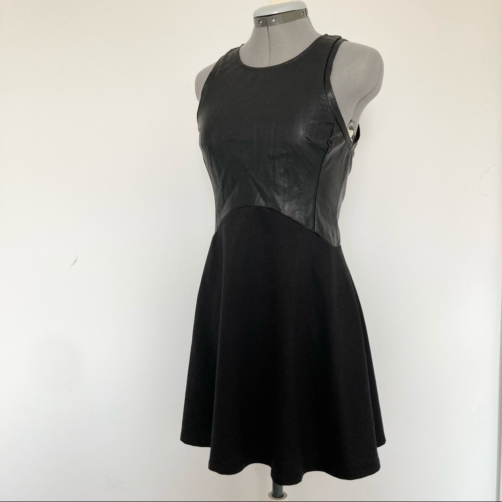 Faux Leather Black Fitted Skater Dress